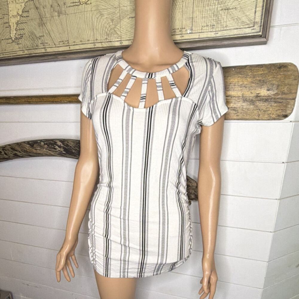 Candie's White Black Striped Cut-Out Neck Very Short Sleeve Ruched Dress M Women